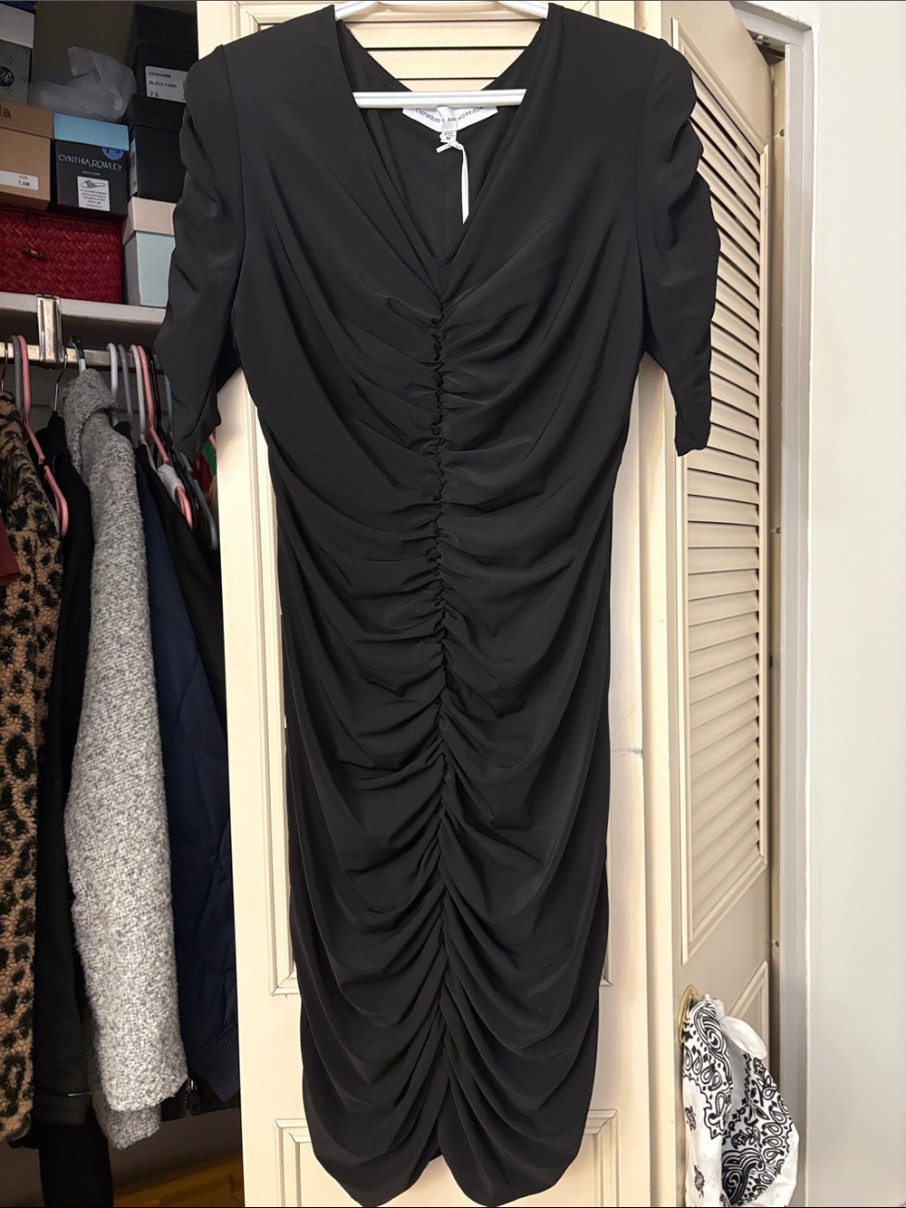 Ruched Black Midi Dress with V-Neck
